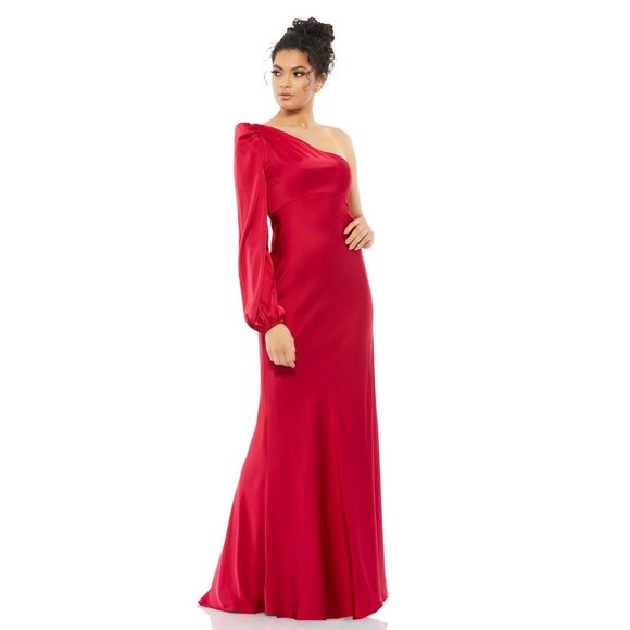 NWT Mac Duggal One Shoulder Blouson Sleeve Gown Ruby 0 #A0543 - Picture 1 of 8